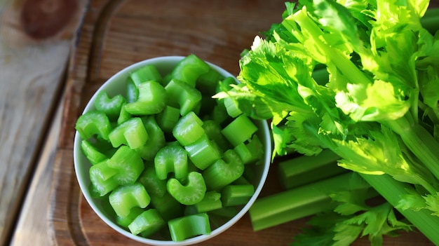 Chopped celery stalks in a bowl