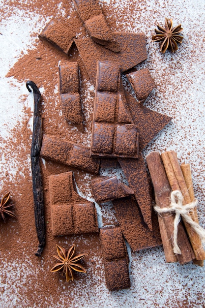 Chopped chocolate with cocoa, cinnamon and vanilla stick