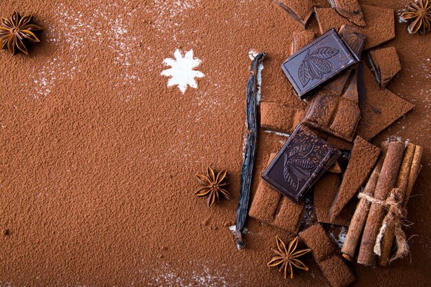 Chopped chocolate with cocoa, cinnamon and vanilla stick