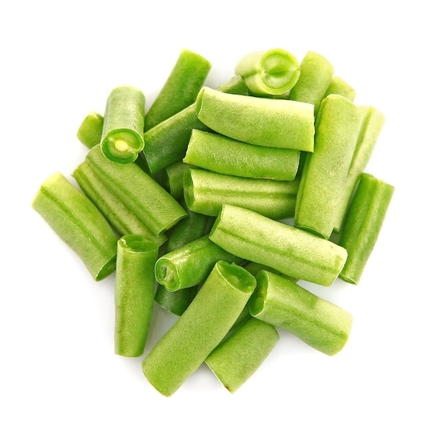 Chopped French beans on white background