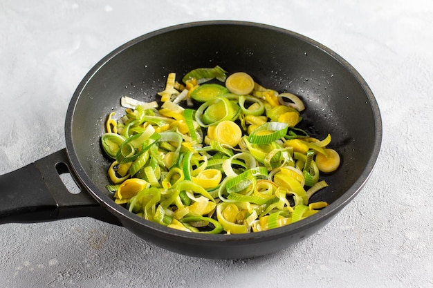 Chopped leeks in frying pan Studio Photo