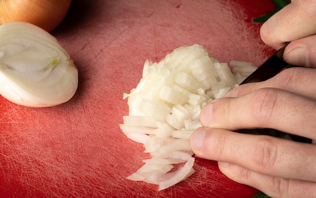 Chopped onion on the table Cooking a side dish