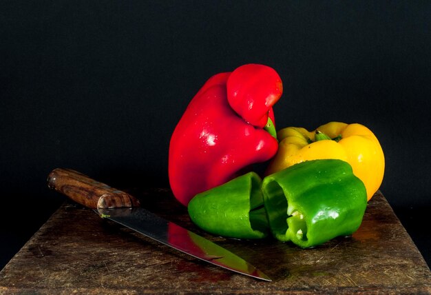 Chopped pepper on a wooden chopping board