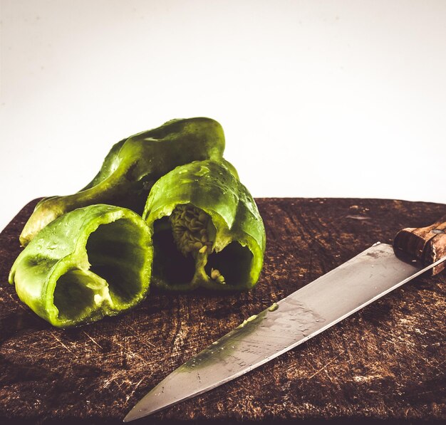 Chopped pepper on a wooden chopping board