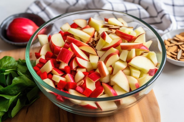 Chopped red apples whole almonds and radish slices in a salad bowl