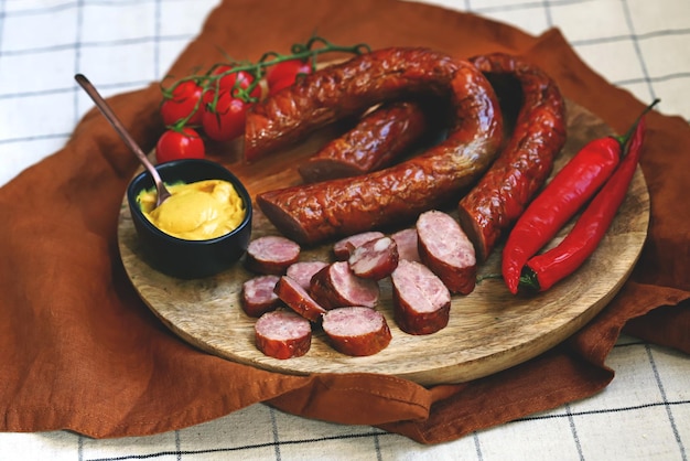 Chopped smoked sausages Fresh homemade sausages on a wooden board