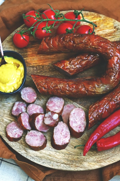 Chopped smoked sausages Fresh homemade sausages on a wooden board