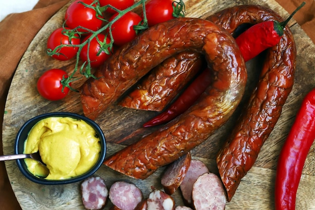 Chopped smoked sausages Fresh homemade sausages on a wooden board