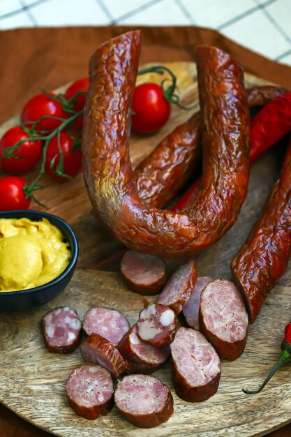 Chopped smoked sausages Fresh homemade sausages on a wooden board