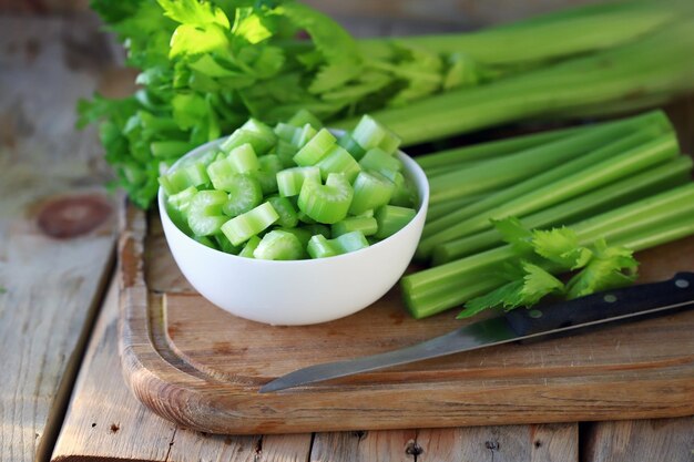 Chopped stalks of fresh celery in a bowl