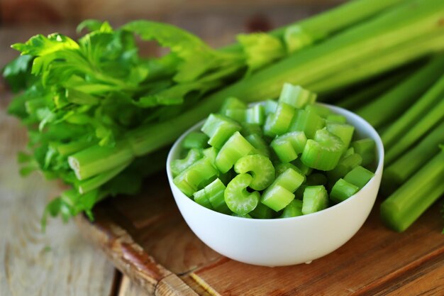 Chopped stalks of fresh celery in a bowl