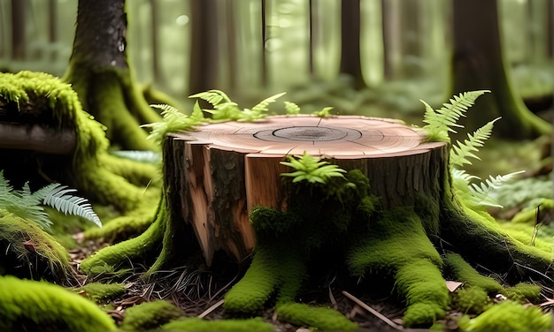 A chopped tree stump in the forest with green moss and blur background