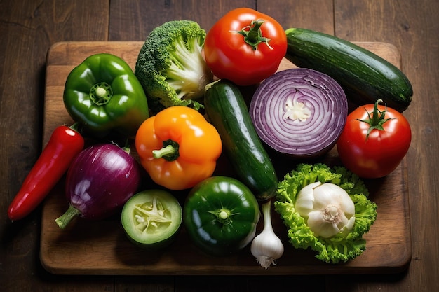 Foto assortimento di verdure tritate su un tavolo da taglio