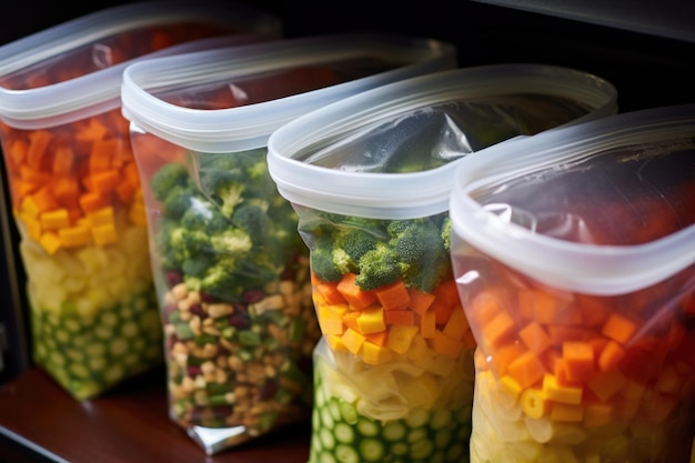 Chopped vegetables preserved in ziptop bags in a freezer