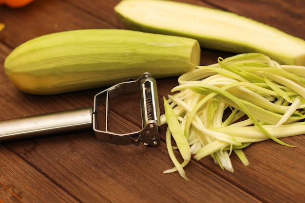 Chopped zucchini into strips with a light green peeler