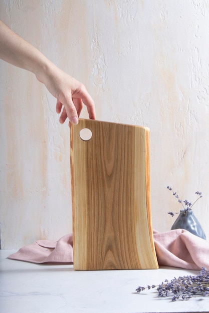 Chopping board for cutting food rustic wooden light natural texture linen napkin