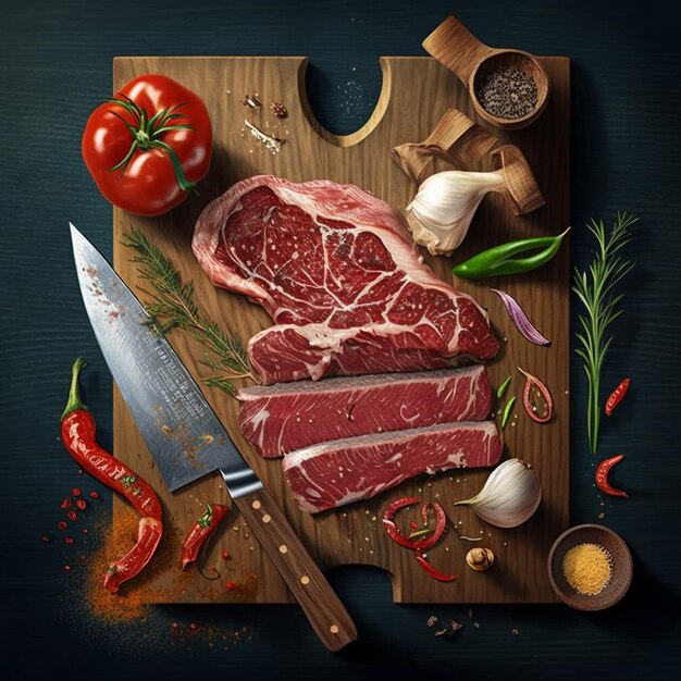 A chopping board with a knife and steak on it