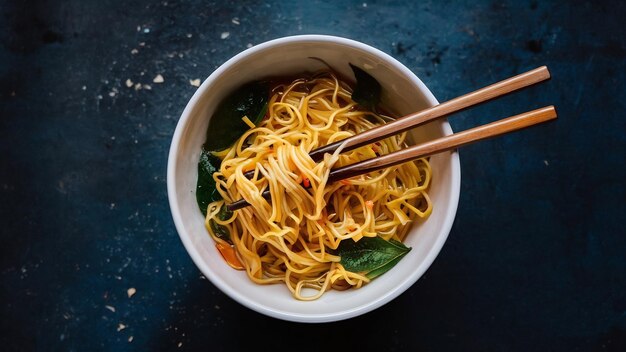 Chopsticks in bowl with noodles