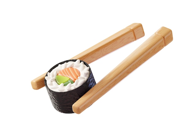 Foto chopsticks met sushi roll met zalm en avocado geïsoleerd op witte achtergrond sushi restaurant