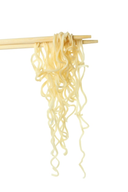 Chopsticks with cooked noodles isolated on white background