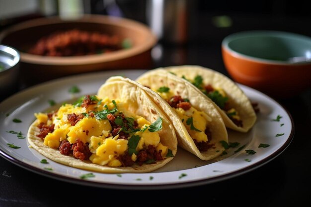 Photo chorizo breakfast tacos with scrambled eggs and c