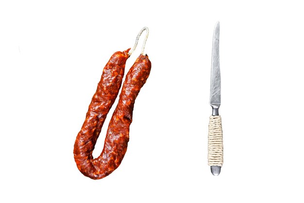 사진 chorizo 돼지고기 건조 치료 된 고기 소시지  바탕에 고립 된 상단 뷰