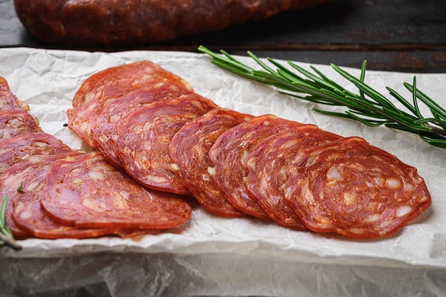 Chorizo, 어두운 나무 테이블에 조각으로 자른 스페인 전통 소시지