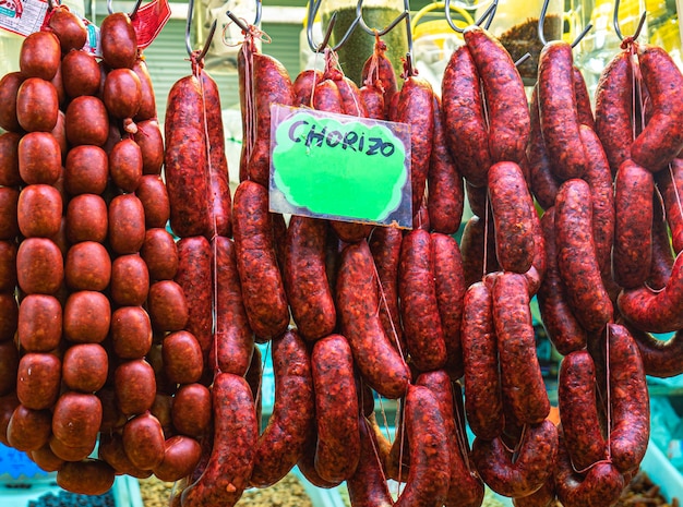 Chorizos expertly arranged in the market highlighting their authentic flavor and artisanal quality