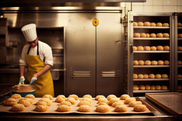 Choux buns muffins cookies in bakery shop pastry kitchen