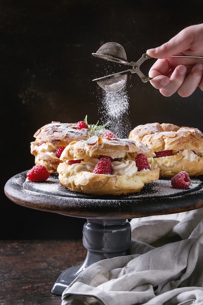 Choux cake Paris Brest with raspberries