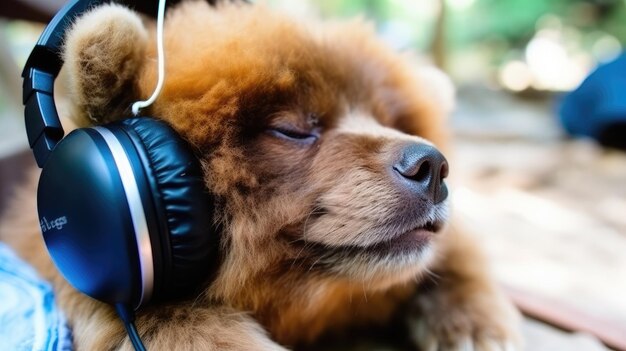 Chow Chow Dog geniet van muziek met koptelefoon