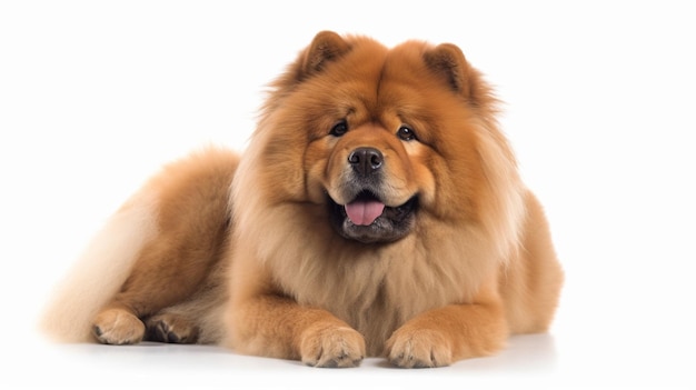 A chow chow dog laying on a white background