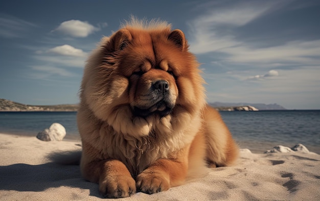 Chow Chow is sitting on the beach professional advertising post photo ai generated