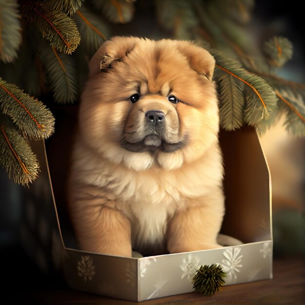 Chow chow puppy zittend onder de kerstboom als een geschenk Generatieve AI