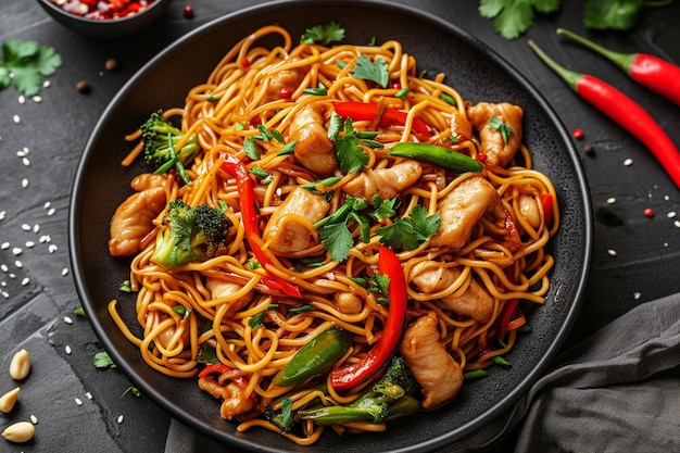 Chow mein on black plate top view