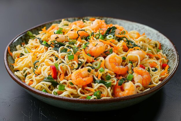 Chow mein or wakka noodles with shrimps on a porcelain plate and chinese lucky charms on red