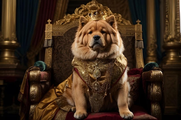 Photo a chowchow dog is sitting on a chair with a crown on it