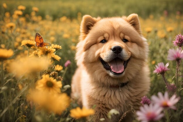 a chowchow dog with a butterfly on his head and a butterfly on the flowers