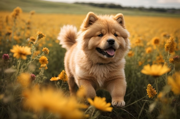 Foto un cucciolo di chowchow sta correndo in un campo di fiori gialli