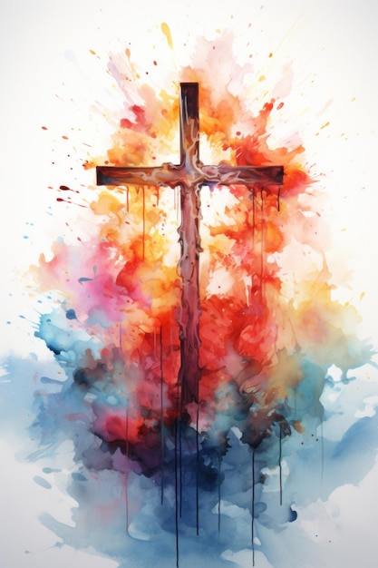 Christ cross in style of abstract watercolor painting babtism religious background