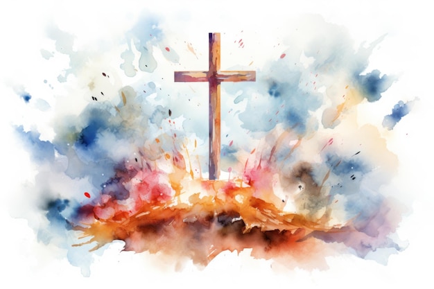 Christ cross in style of abstract watercolor painting babtism religious background