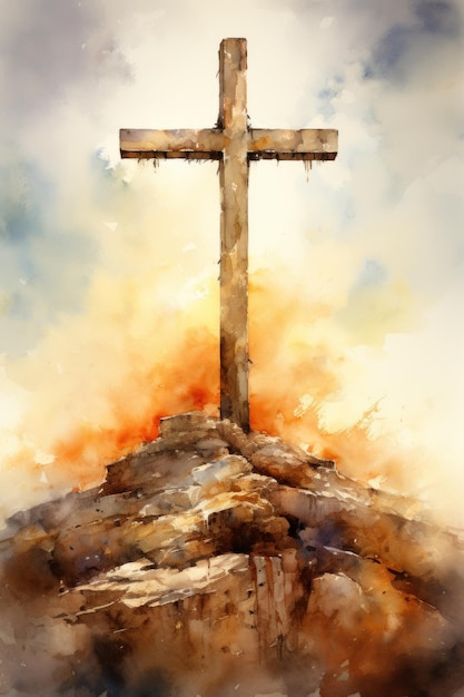 Christ cross in style of abstract watercolor painting babtism religious background