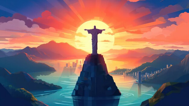 Christ the Redeemer Poster in the Morning with Sunrise Sky View