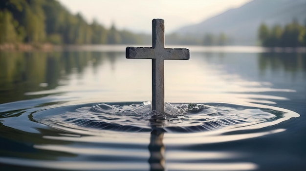 christelijk kruis ondergedompeld in een rustig meer dat doop en wedergeboorte symboliseert