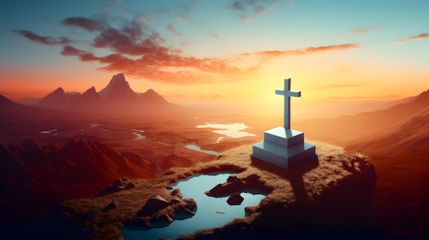 Christelijk kruis op heuvel bij zonsondergang AI gegenereerd
