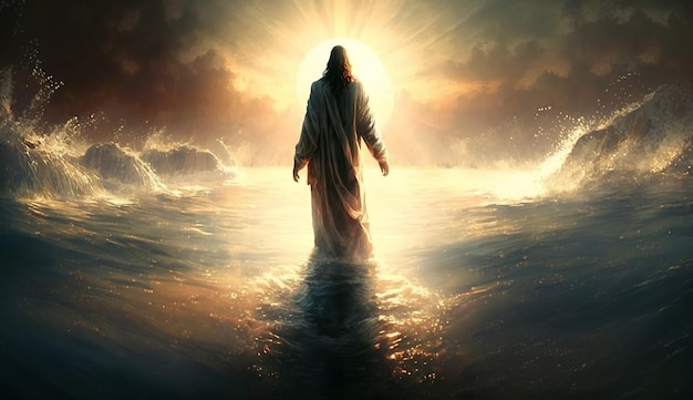 Christelijke god jezus christus loopt op het water op zee bijbels religieus symbool van geloof generatieve ai illustratie