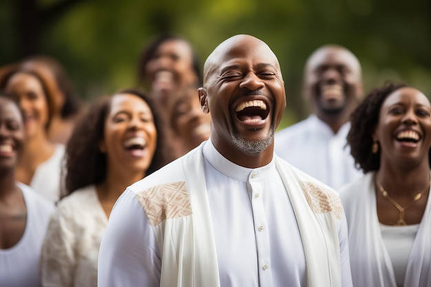 Christelijke gospelzangers in een park die Heer Jezus Christus prijzen