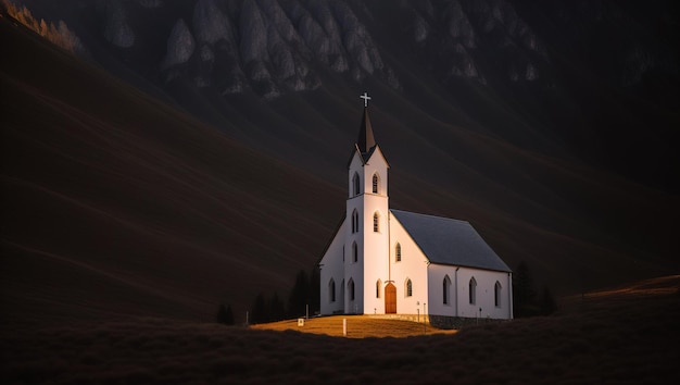 Christelijke kerk in de bergen bij zonsondergang Generatieve AI