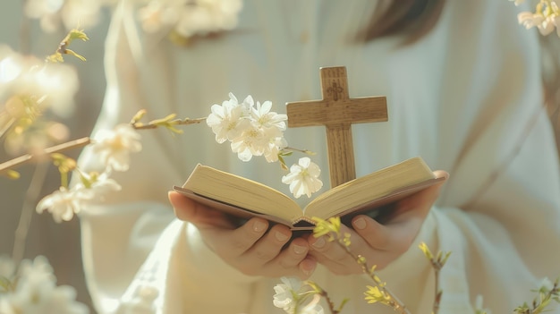 Foto christelijke vrouw met een houten kruis in de open heilige bijbel op de kerktafel