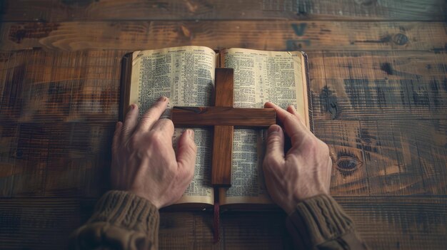 Foto christelijke vrouw met een houten kruis in de open heilige bijbel op de kerktafel